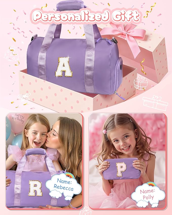 Birthday Gifts for 3 4 5 6 7 8 9 10 11 12 Year Old Girls-Girl Gym Bag with Shoe Compartment, Kid Personalized Weekender Overnight Bags, Initial Travel Tote with Makeup Pouch (Letter B)