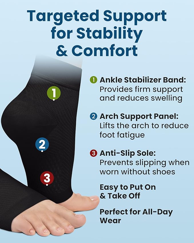 KEMFORD Ankle Compression Sleeve with Cooling Effect - Plantar Fasciitis Braces - Open Toe Compression Socks for Swelling, Sprain, Neuropathy, Arch Support for Men and Women - M, Black