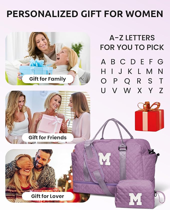 Personalized Gifts-Teen Duffle Bag with Shoe Compartment, Personalized Weekender Bag, Monogram Overnight Bag, Letter Travel Bag with Makeup Bag，Birthday Gift For Grandma (Letter O)