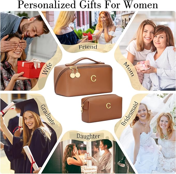 Birthday Gifts for Women Teen Girl, Personalized Initial Makeup Organizer Bag Set, Open Flat Travel Cosmetic Bag With Clear Divider and Handle(Brown,C)