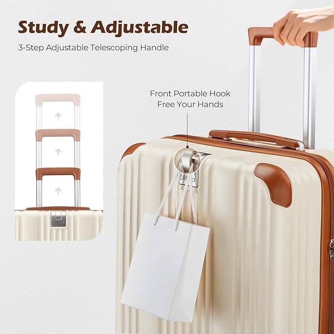Luggage Set 3 Piece Luggage with PC+ABS Hardshell TSA Lock Spinner Wheels Carry on Lightweight Suitcase,Cup Holder,YKK Zippers (Beige, 5 piece sets(20/24/28/DB/TB))