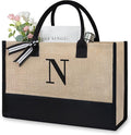 TOPDesign Initial Jute/Canvas Tote Bag, Personalized Present Bag, Suitable for Wedding, Birthday, Beach, Holiday, is a Great Gift for Women, Mom, Teachers, Friends, Bridesmaids(Letter N)