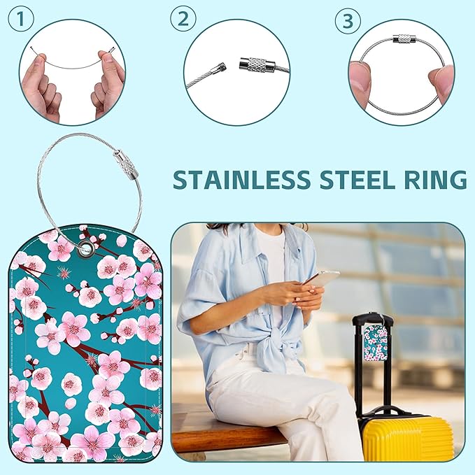 Blossoming Almond Tree Luggage Tag for Suitcase Set of 2 PU Leather Cute Luggage Tags with Stainless Metal Loop ID Label Privacy Flap Suitcase Tags for Women and Men Travel