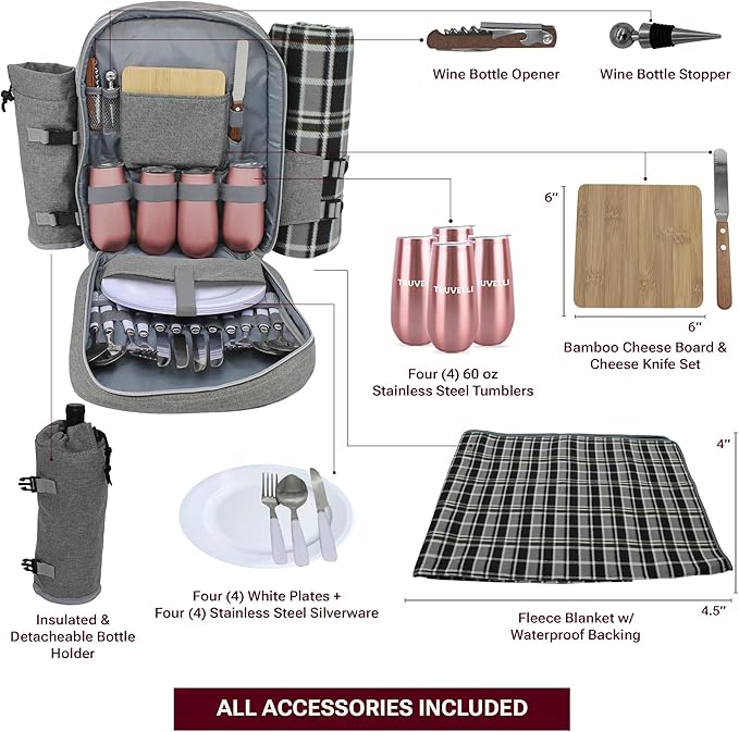 Truvelli Picnic Backpack for 4 with Blanket – 12-in-1 Insulated Picnic Basket Backpack Set with‬ Wine Holder, Cheese Board & Cutlery – Premium Picnic Back Pack for Family & Group‬ Adventures, Gray