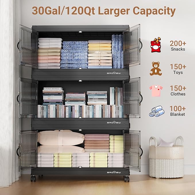 BROVIEW 480Qt Stackable Storage Bins with 4 Lids, Extra Large Closet Organizer Collapsible Drawer Boxes with Wheels, Folding Plastic Cabinet Containers for Home Kitchen Room Organization, 4Pack Black