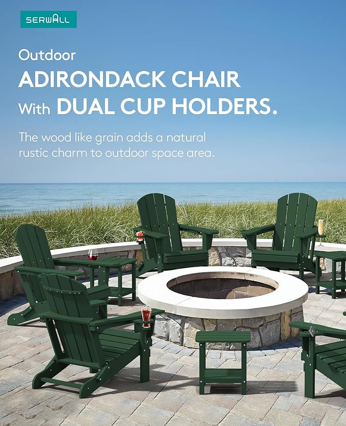 SERWALL Adirondack Chair with Cup Holders - Composite Adirondack Chairs Set of 6 HDPE Outdoor Chairs All Weather Use- Green