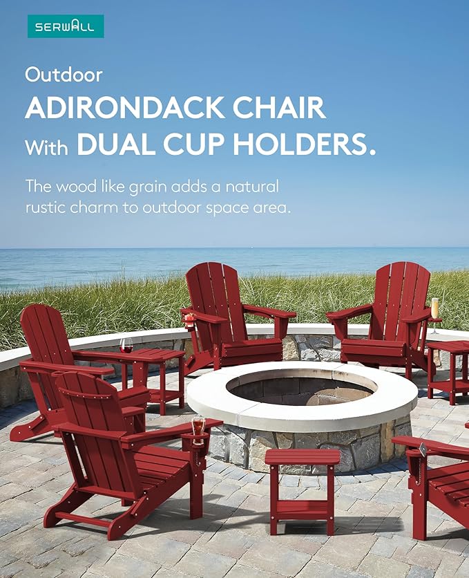 SERWALL Adirondack Chair with Cup Holders - Composite Adirondack Chairs Set of 6 HDPE Outdoor Chairs All Weather Use- Dark Red