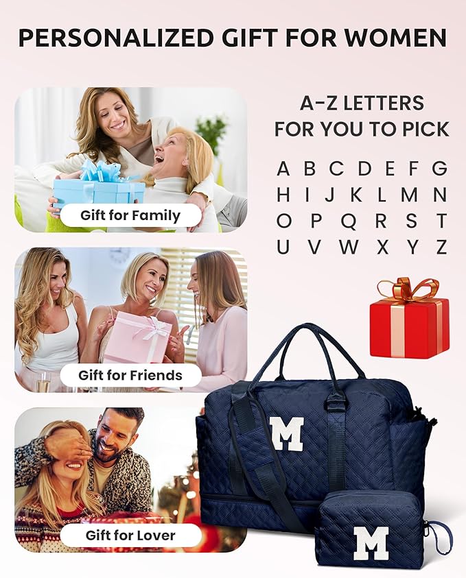 Gifts for Grandma-Initial Duffle Bag with Shoe Compartment, Personalized Weekender Bag, Monogram Overnight Bag, Letter Travel Bag with Makeup Bag，Daughter Friend Gifts (Letter P), Navy Blue