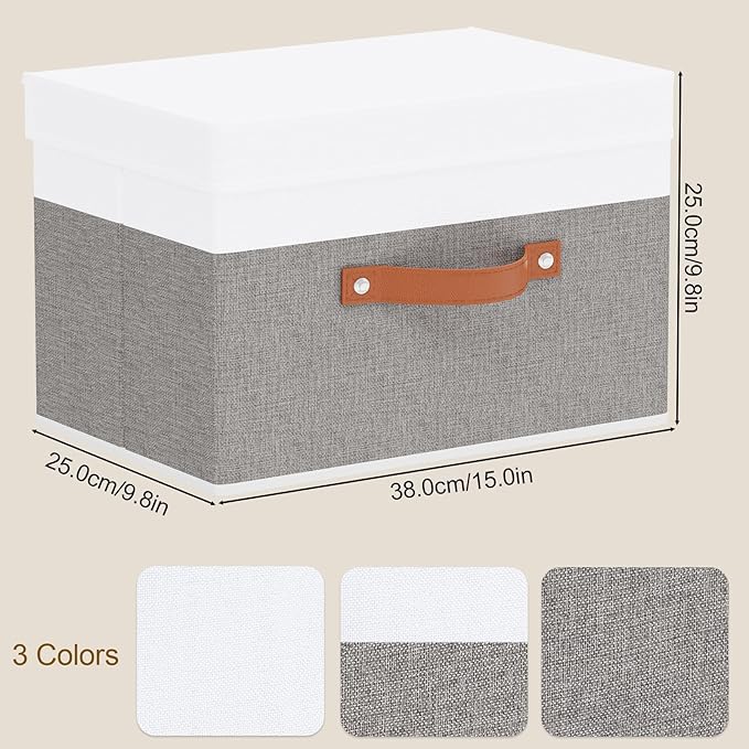 Fabric Storage Bins with Lids, 5 Pack Linen Foldable Cloth Baskets, 15 x 9.8 x 9.8 Inch Closet Organizer Containers with Double Handles, Sweater Boxes for Bedroom, White and Grey