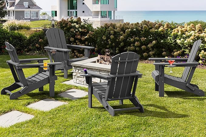 SERWALL Foldable Adirondack Chair Set of 8, Oversized HDPE Adirondack Chair with Wood-Texture-Gray