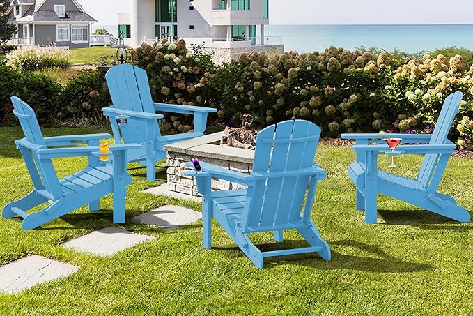 SERWALL Adirondack Chair with Cup Holders - Composite Adirondack Chairs HDPE Outdoor Chairs All Weather Use- Light Blue