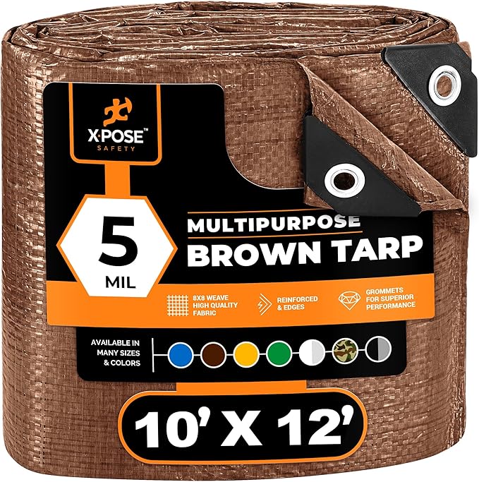 Multipurpose Protective Cover Brown Poly Tarp 10' x 12' - Durable, Water Resistant, Weather Resistant - 5 Mil Thick Polyethylene - by Xpose Safety
