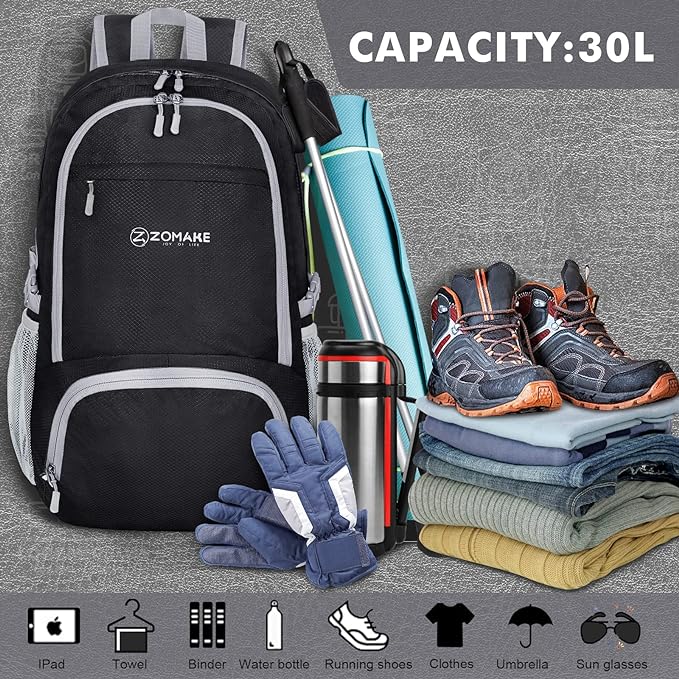 ZOMAKE Lightweight Packable Backpack 30L, Foldable Hiking Backpacks Water Resistant Compact Folding Daypack for Travel(Black)