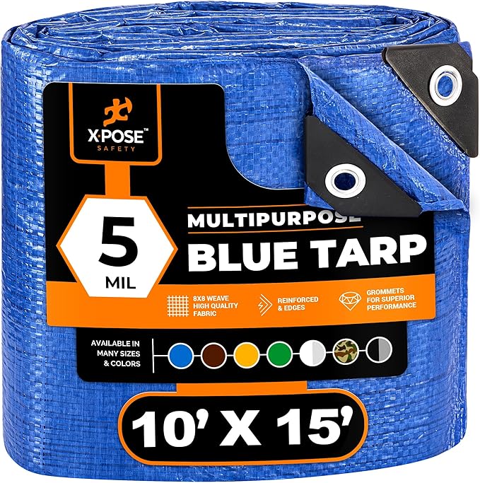 Better Blue Poly Tarp 10' x 15' - Multipurpose Protective Cover - Lightweight, Durable, Waterproof, Weather Proof - 5 Mil Thick Polyethylene - by Xpose Safety