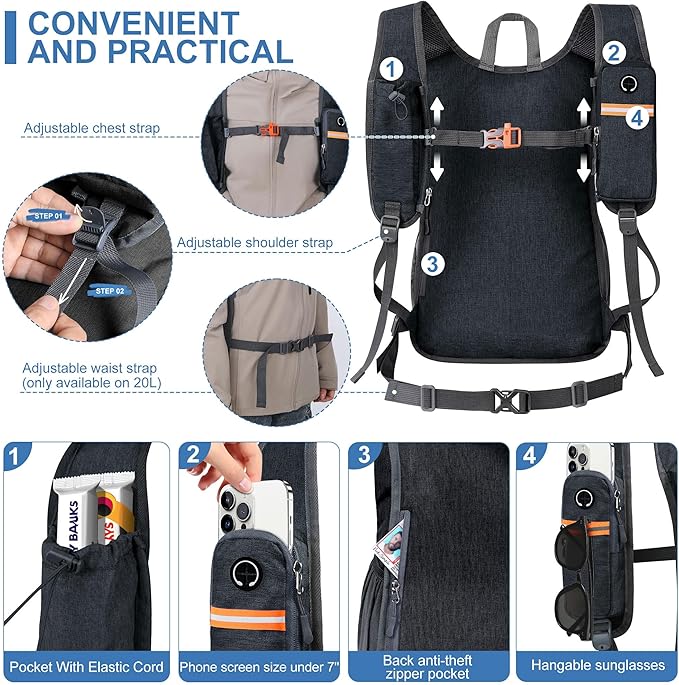 20L Small Hiking Backpack for Men Women Foldable Packable Back Pack Ultralight Hiking Daypack for Travel Camping Outdoor, Black