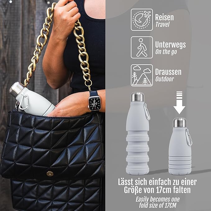 Foldable Drinking Bottle - BPA-free, leak-proof - Ideal festival accessory and practical outdoor companion with carabiner (Grey)