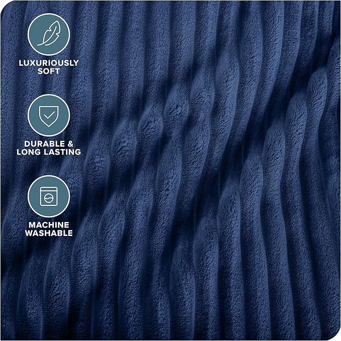 Bare Home Textured Fleece Blanket - Full/Queen - Ultra-Soft Lightweight for Bed, Sofa, and Couch - Luxury Microplush - Cozy Warm Blanket (Full/Queen, Ribbed Dark Blue)