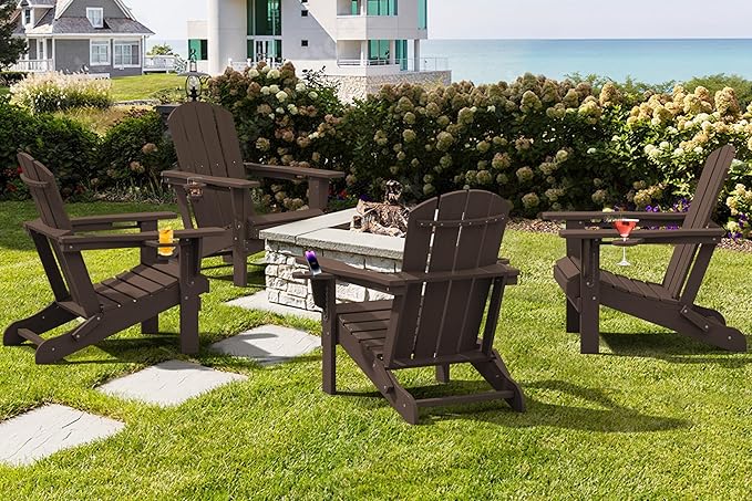 SERWALL Adirondack Chair with Cup Holders - Composite Adirondack Chairs Set of 4 HDPE Outdoor Chairs All Weather Use- Coffee