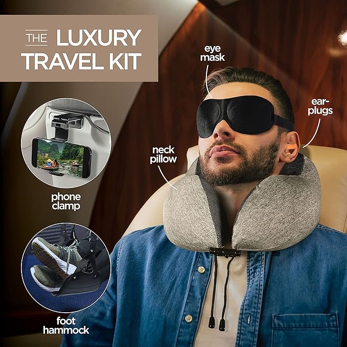 Airplane Neck Pillow Includes Travel Pillow + Airplane Phone Holder Mount + Eye Masks + Foot Hammock + Earplugs for Travel, 100% Pure Memory Foam Travel Pillow, 6 Pc Travel Kit