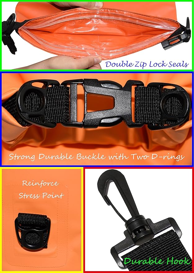 Freegrace Waterproof Dry Bags Set of 3 Dry Bag with 2 Zip Lock Seals & Detachable Shoulder Strap, Waist Pouch & Phone Case - Can Be Submerged Into Water - for Swimming (Orange, 10L)