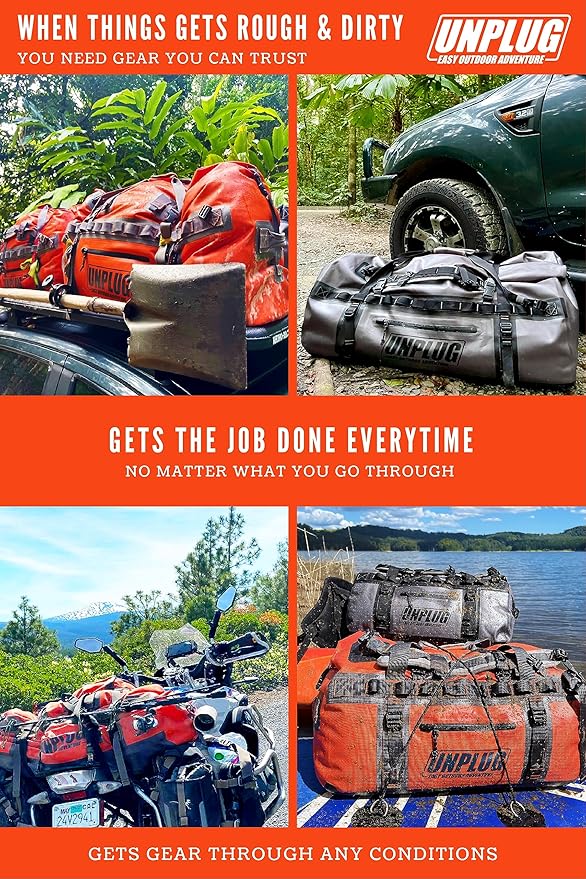 UNPLUG Ultimate Adventure Bag | 1680D Heavy Duty Waterproof Bag | Large Travel Duffle Bag which can be Used for Camping, Motorcycling, Boating, or Hunting (155L Adventure Orange)
