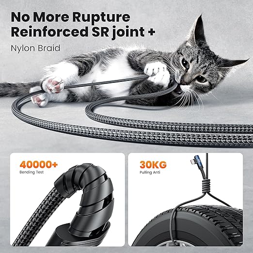 USB C Cable 6.6ft 100W Right Angle Fast Charging Cord, Nylon Braided USB 2.0 Cable for iPhone 17 16 15 Pro Plus Pro Max Air, iPad Pro, Samsung Galaxy S24 S23, Switch, MacBook Pro, Pixel