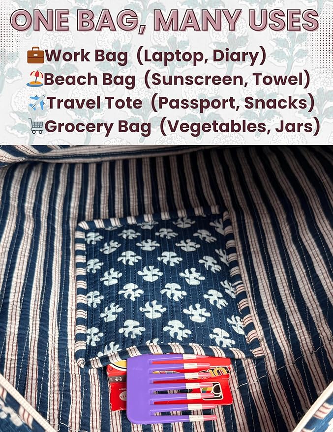 Cotton Quilted Tote Bag for Women – Large Beach & Travel Tote with Zipper, Reusable Grocery Bag