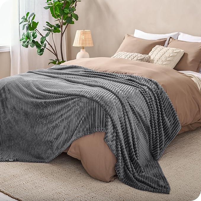 Bare Home Textured Fleece Blanket - King Size - Ultra-Soft Lightweight for Bed, Sofa, and Couch - Luxury Microplush - Cozy Warm Blanket (King, Ribbed Grey)