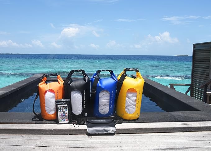 Freegrace Waterproof Dry Bags Set Of 3 Dry Bag With 2 Zip Lock Seals & Detachable Shoulder Strap, Waist Pouch & Phone Case - Can Be Submerged Into Water - For Swimming (Black(Window), 5L)
