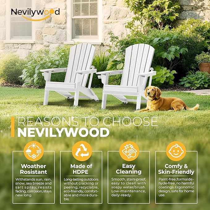 Folding Adirondack Chair, Ergonomic Extended Backrest, HDPE All-Weather, 380lbs Capacity, Maintenance-Free, Cup Holder, （White）- Outdoor Patio & Firepit Chair