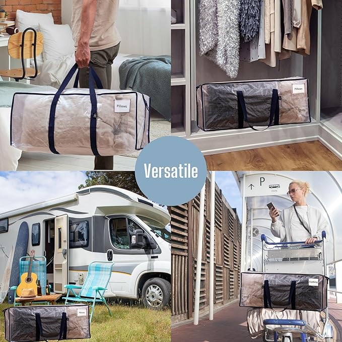 VENO 4 Pack Moving Bags Plastic Storage Totes Clothes Organization Large W Lid/Zipper. Packing Boxes/Bins Alternative. Space Saving Foldable College Supplies Essentials (Clear, 4 Pack)