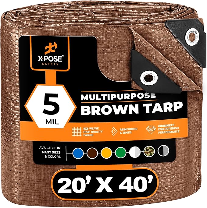 Multipurpose Protective Cover Brown Poly Tarp 20' x 40' - Durable, Water Resistant, Weather Resistant - 5 Mil Thick Polyethylene - by Xpose Safety