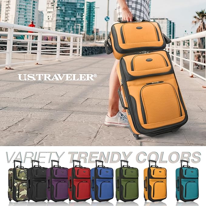 U.S. Traveler Rio Fabric Expandable Carry-on Luggage, Rolling Suitcase, Orange, 2 Wheel Set