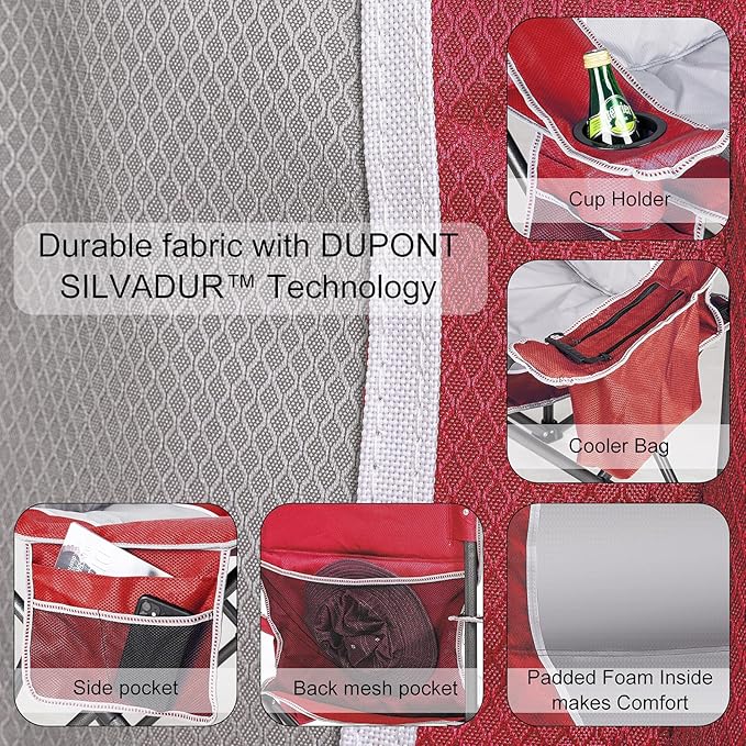 Padded Camping Chairs for Adults, Oversized Folding Outdoor Chairs Red Color, Weight Capacity 475lbs, with Cooler Bag, Cup Holder, Storage Pocket, Carry Bag