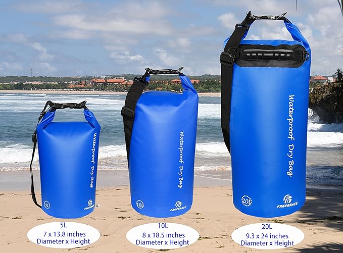 Freegrace Waterproof Dry Bags Set of 3 Dry Bag with 2 Zip Lock Seals & Detachable Shoulder Strap, Waist Pouch & Phone Case - Can Be Submerged Into Water (Navy Blue, 20L)