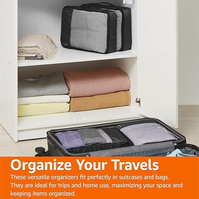Amazon Basics Lightweight Packing Cubes Travel Organizer Set with Double Zipper, Mesh Top, Durable Polyester, Medium, 4 Piece, Black