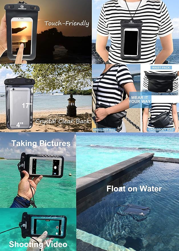 Freegrace Waterproof Dry Bags Set Of 3 Dry Bag With 2 Zip Lock Seals & Detachable Shoulder Strap, Waist Pouch & Phone Case - Can Be Submerged Into Water - For Swimming (Black(Window), 5L)
