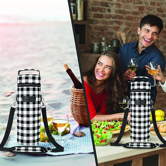 opux Wine Bag Single Bottle Carrier Tote, Insulated Wine Cooler Bag for Travel Picnic Beach with Shoulder Strap, Thermal One Bottle Holder Carrying Case Wine Gift for Women Men, Plaid Buffalo White