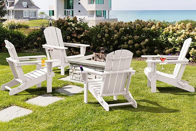 SERWALL Adirondack Chair with Cup Holders - Composite Adirondack Chairs Set of 2 HDPE Outdoor Chairs All Weather Use- White