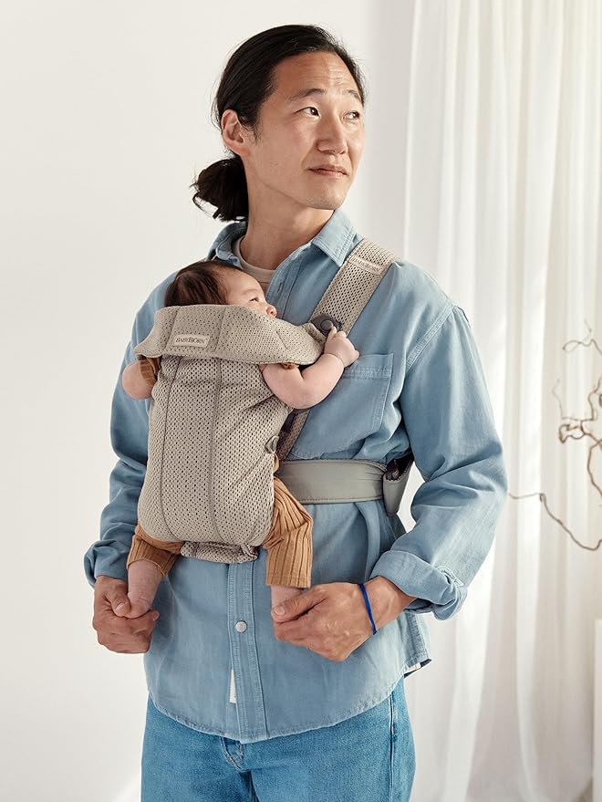 BabyBjörn Baby Carrier Mini, Gray Beige, 3D Mesh Newborn Carrier (7-25 lbs), Ergonomic, Easy-to-Use