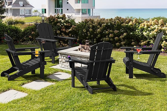SERWALL HDPE Folding Adirondack Chair with Dual Cup Holder - Composite Adirondack Chair Set of 4- Black