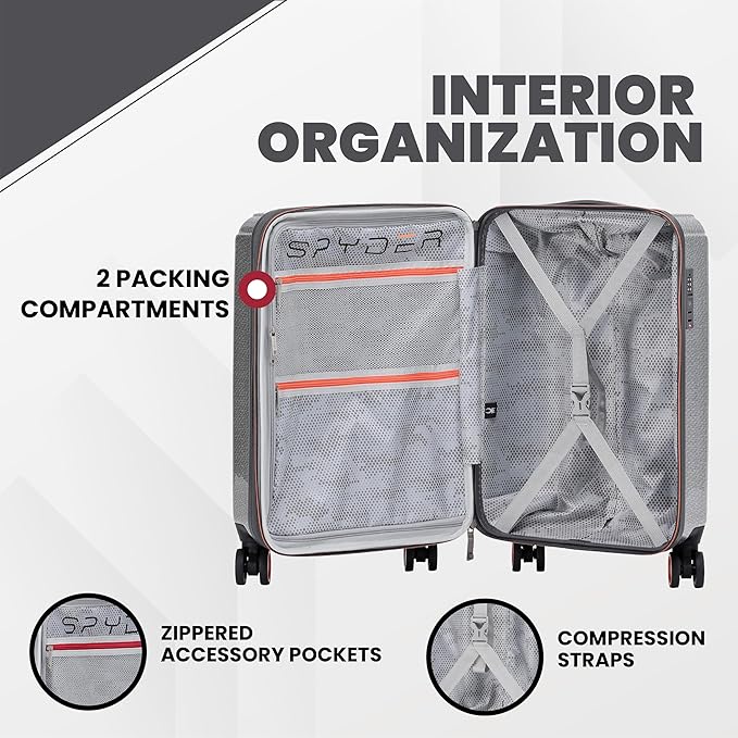 Spyder Traverse 20 Inch Carry On Expandable Hardside Upright Suitcase with 360° Spinner Wheels, TSA Approved Lock, Silver