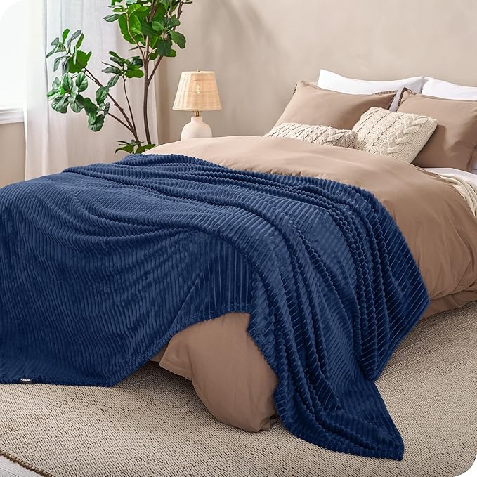 Bare Home Textured Fleece Blanket - Full/Queen - Ultra-Soft Lightweight for Bed, Sofa, and Couch - Luxury Microplush - Cozy Warm Blanket (Full/Queen, Ribbed Dark Blue)