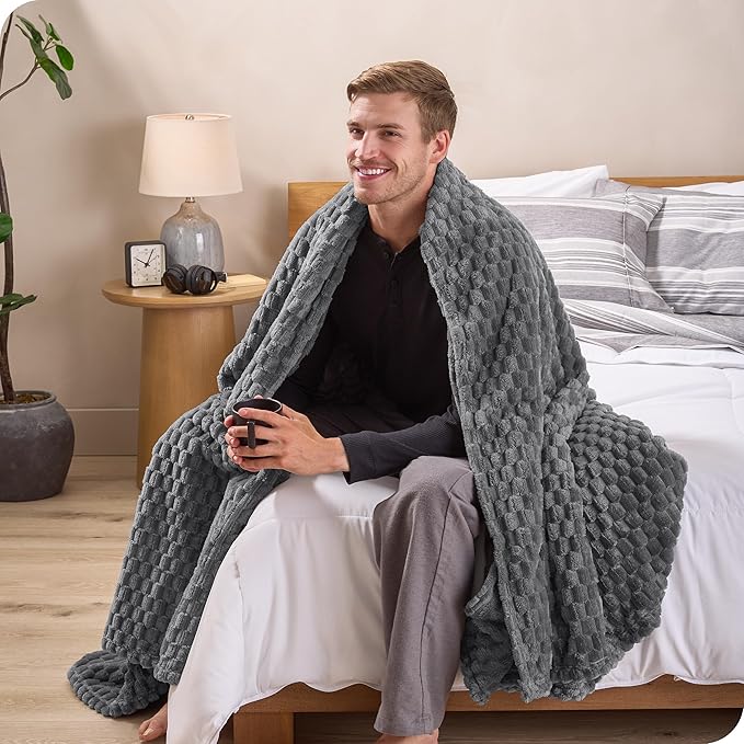 Bare Home Textured Fleece Blanket - Full/Queen - Ultra-Soft Lightweight for Bed, Sofa, and Couch - Luxury Microplush - Cozy Warm Blanket (Full/Queen, Waffle Grey)