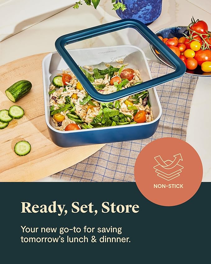 Caraway Glass Food Storage, 10 Cup Glass Container - Ceramic Coated Food Container - Non Toxic, Non Stick Lunch Box Container with Glass Lids. Dishwasher, Oven, & Microwave Safe - Square Shape - Gray