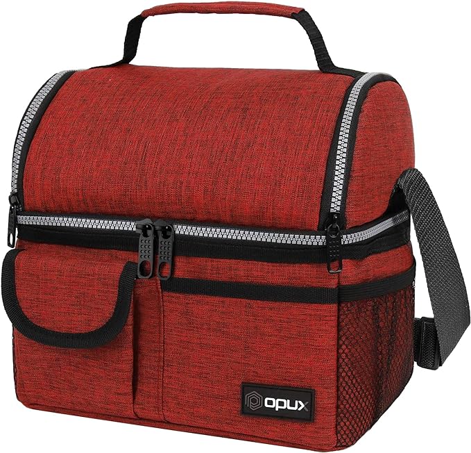 opux Lunch Bag Women Insulated, Adult Lunch Box Cooler, Lunch Box for Men, Dual Compartment Lunchbox for Work, Leakproof Double Decker Lunch Bag, Soft Lunch Pail Tote Girls Boys Kids School, Red