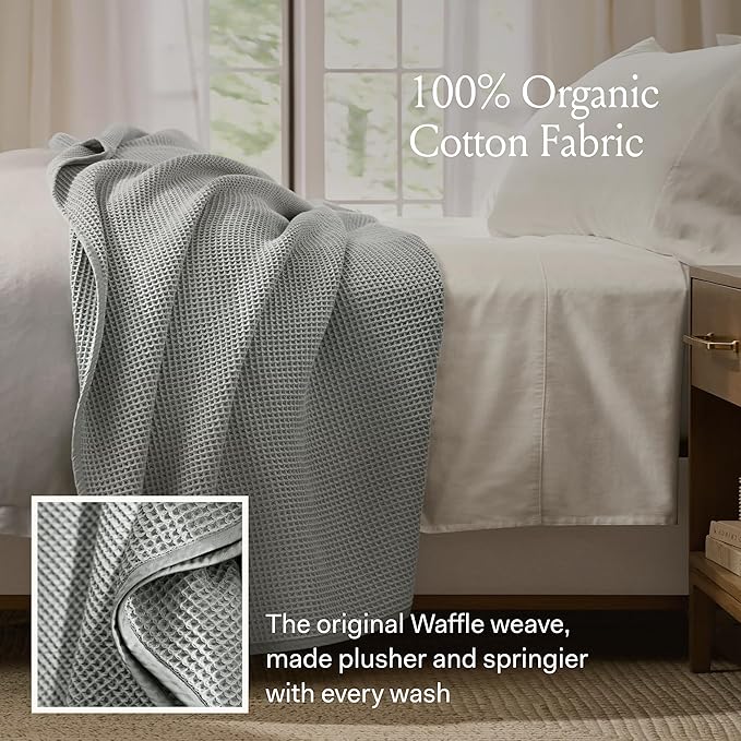 BOLL & BRANCH Waffle Bed Blanket - Twin, Shore - Luxury 100% Organic Cotton - Soft, Lightweight and Breathable - Textured Waffle Weave Design