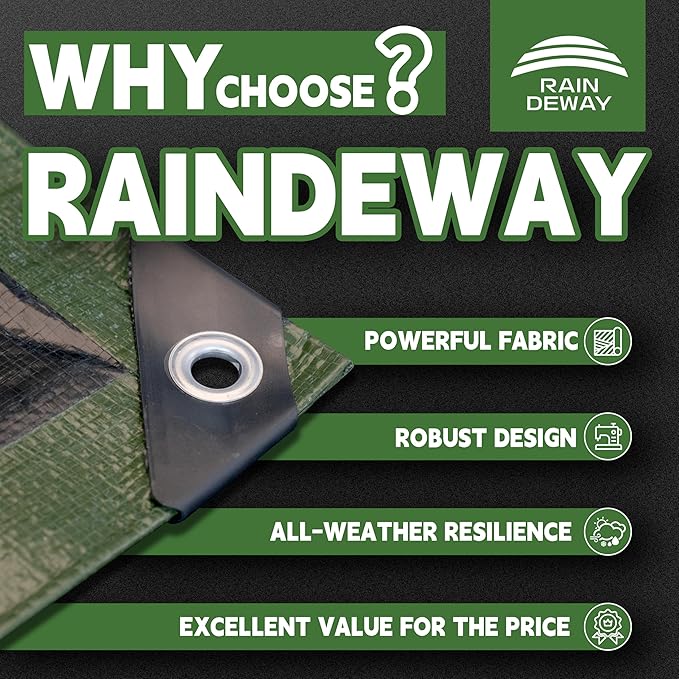 8x8 Feet Tarp Waterproof,9Mil Thick,Finished Size Tarps,UV Resistant,Durable,Multipurpose Poly Tarp Cover with Metal Grommets and Reinforced Edges,Green/Black by RAINDEWAY