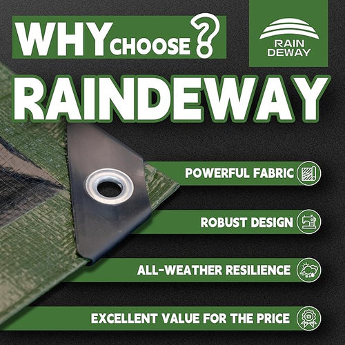 15x15 Feet Tarp Waterproof,9Mil Thick,Finished Size Tarps,UV Resistant,Durable,Multipurpose Poly Tarp Cover with Metal Grommets and Reinforced Edges,Green/Black by RAINDEWAY