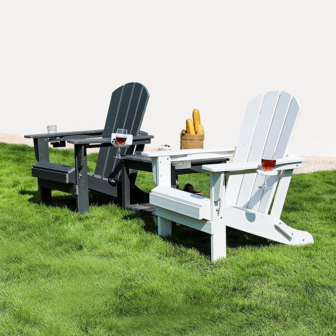SERWALL Adirondack Chair with Cup Holders - Composite Adirondack Chairs Set of 4 HDPE Outdoor Chairs All Weather Use- White